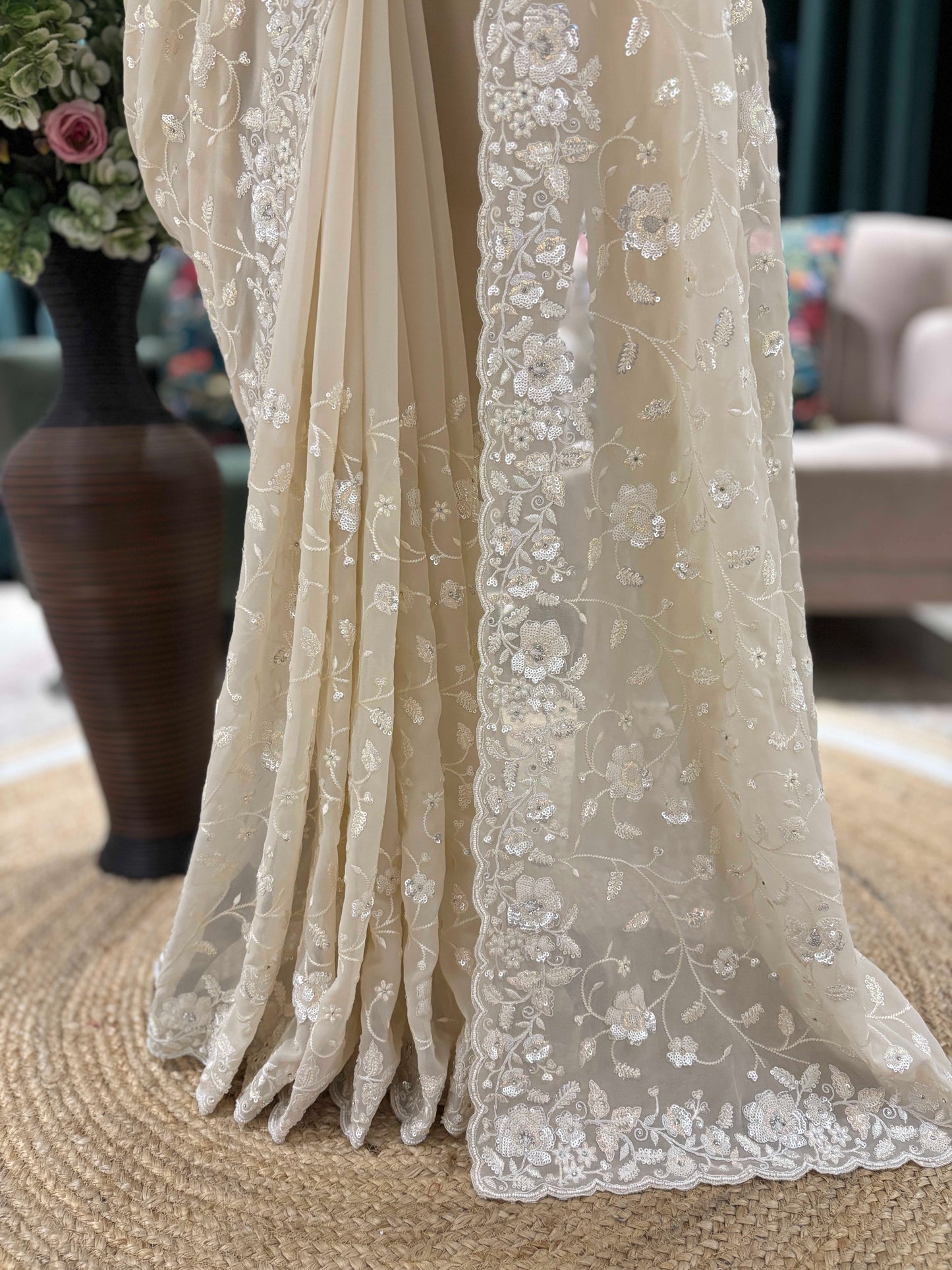 Floral Embroidered Saree with Scalloped Border