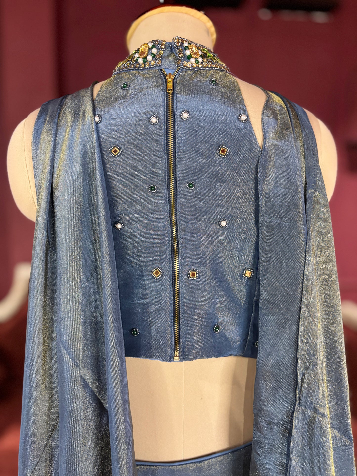Designer Metallic Blue Lehenga with Embroidered Sleeveless Blouse