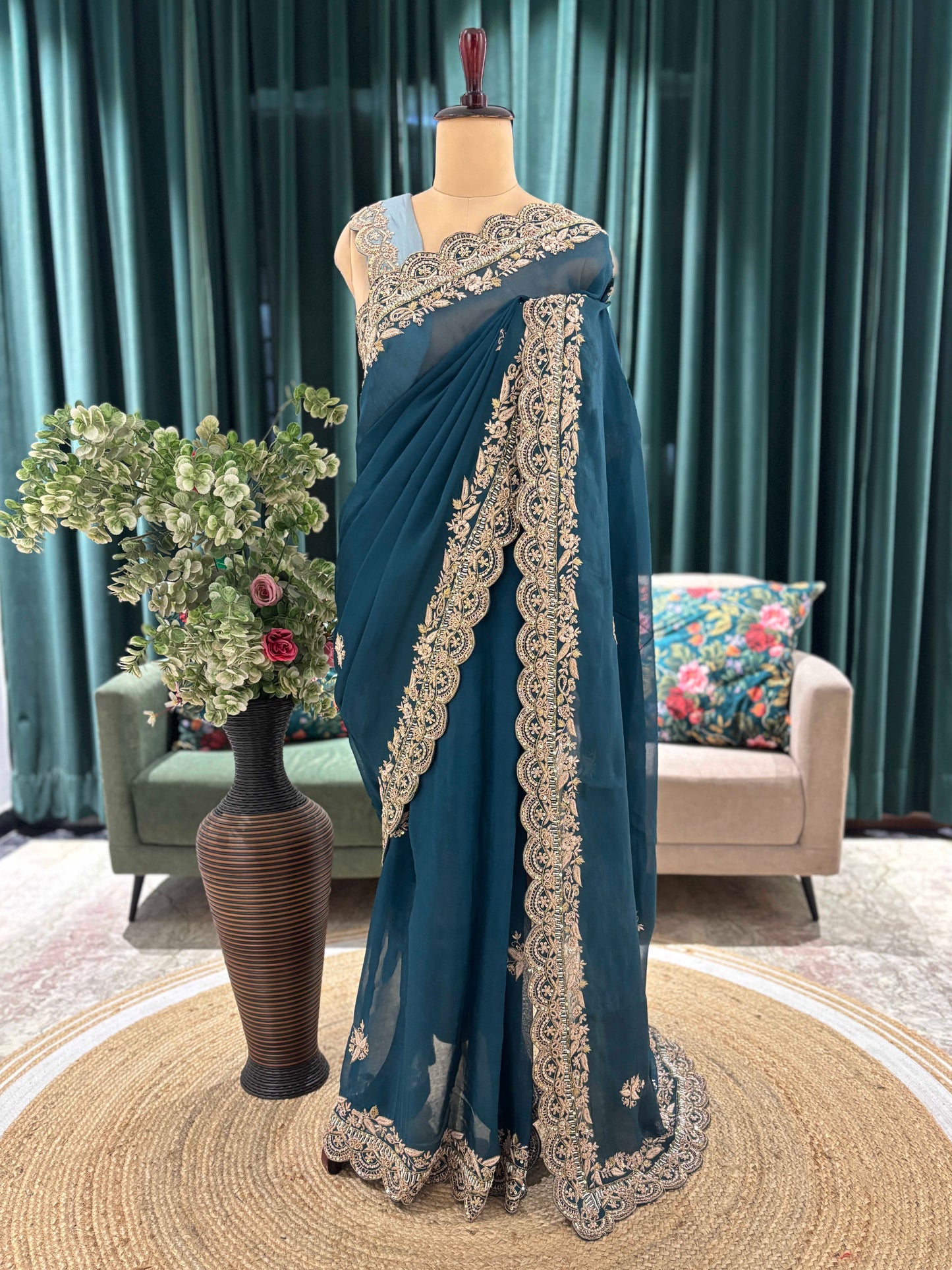 Teal Blue Embroidered Saree with Elegant Gold Border