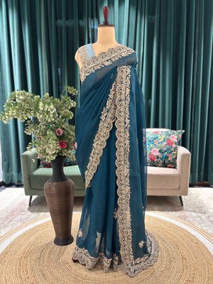Teal Blue Embroidered Saree with Elegant Gold Border