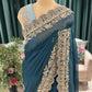Teal Blue Embroidered Saree with Elegant Gold Border