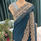 Teal Blue Embroidered Saree with Elegant Gold Border