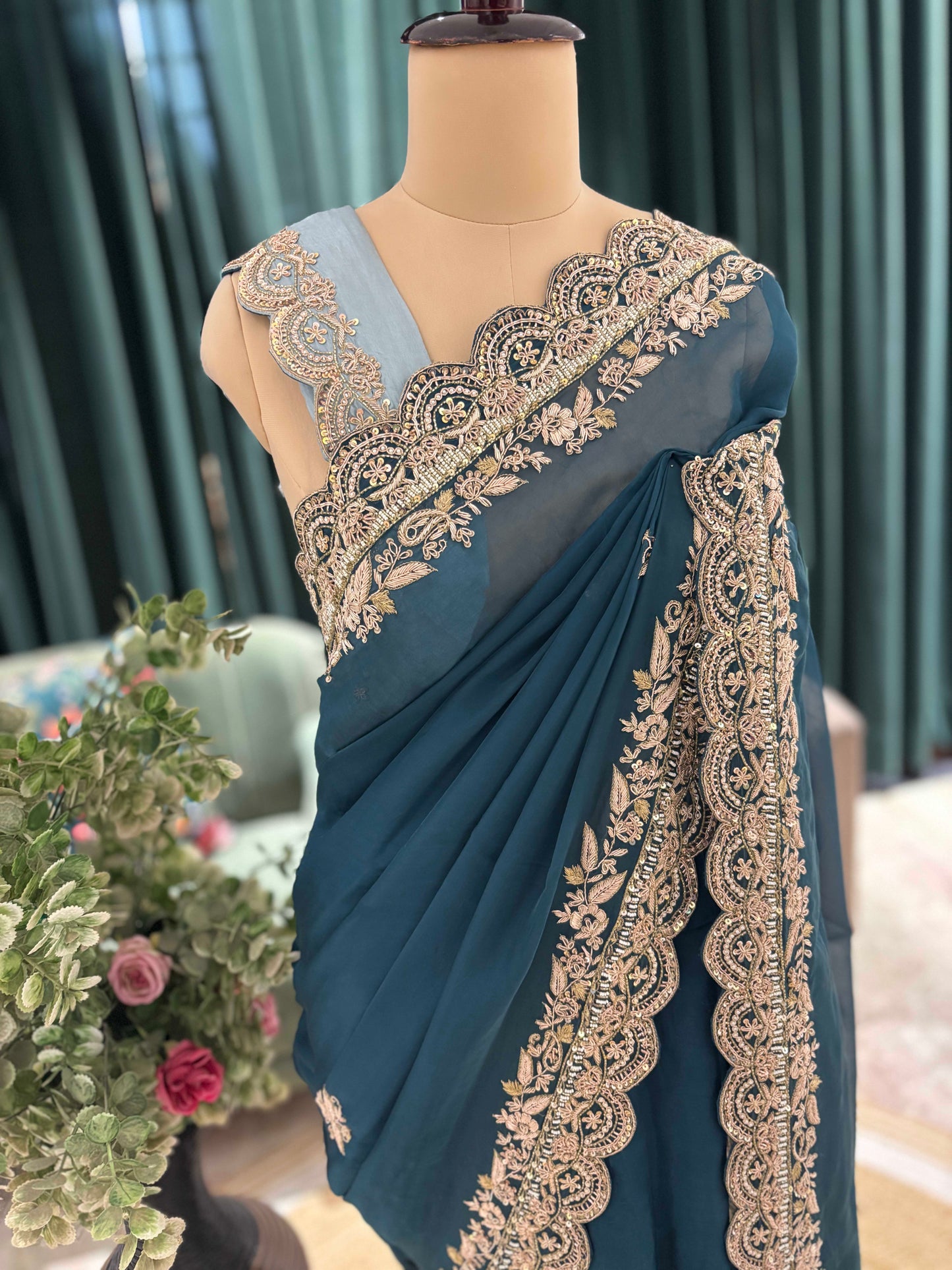 Teal Blue Embroidered Saree with Elegant Gold Border