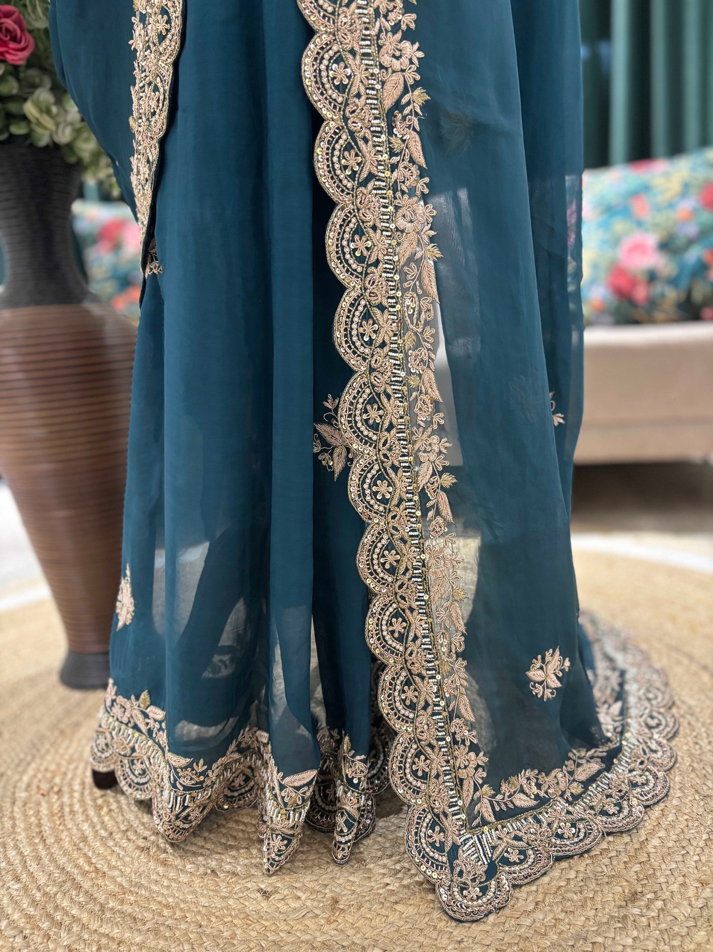 Teal Blue Embroidered Saree with Elegant Gold Border