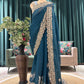 Teal Blue Embroidered Saree with Elegant Gold Border