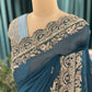 Teal Blue Embroidered Saree with Elegant Gold Border