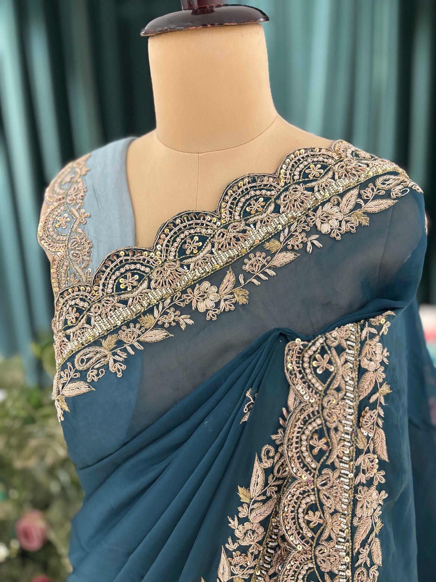 Teal Blue Embroidered Saree with Elegant Gold Border