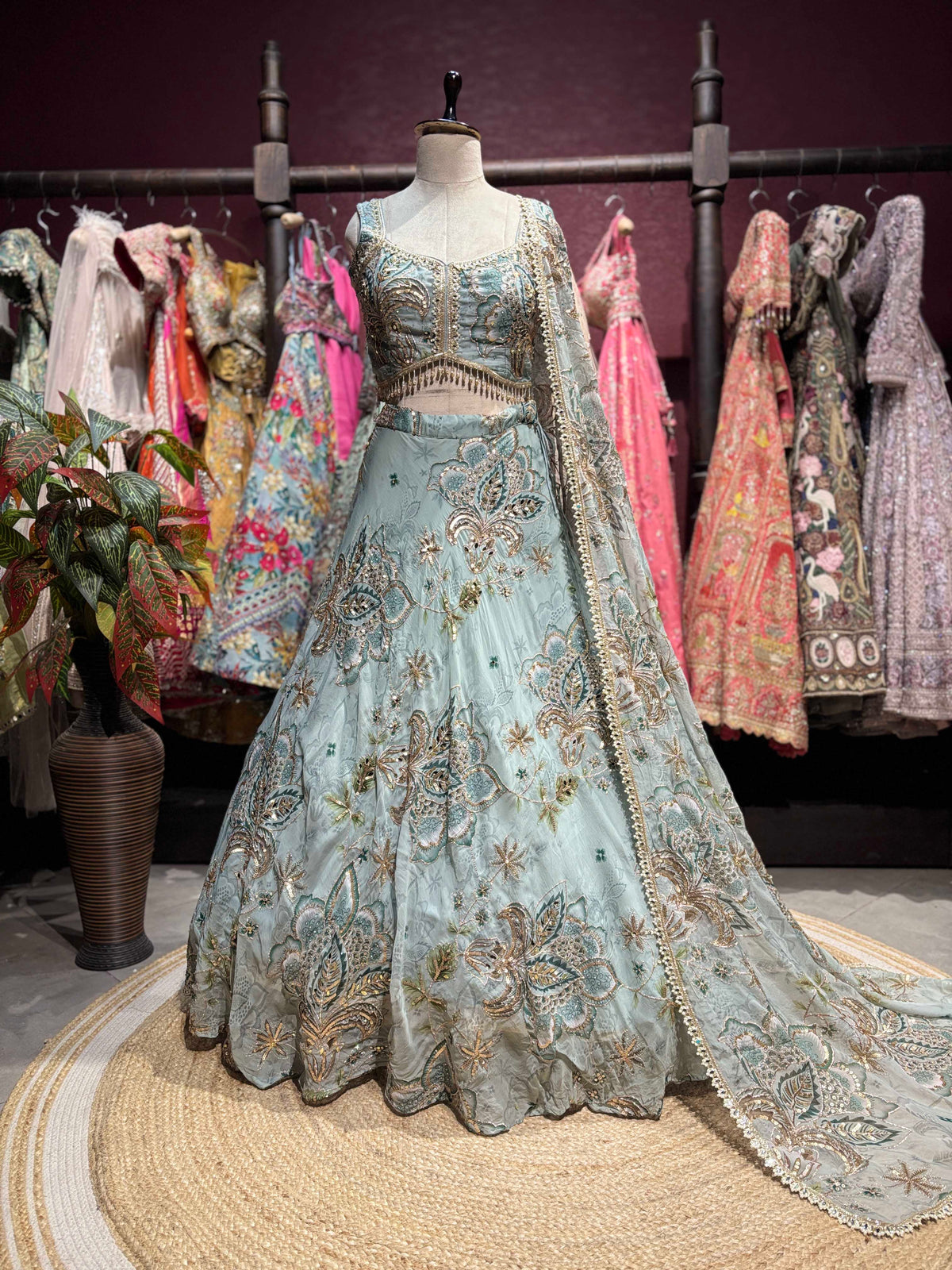 Powder Blue Floral Embroidered Lehenga with Designer Dupatta