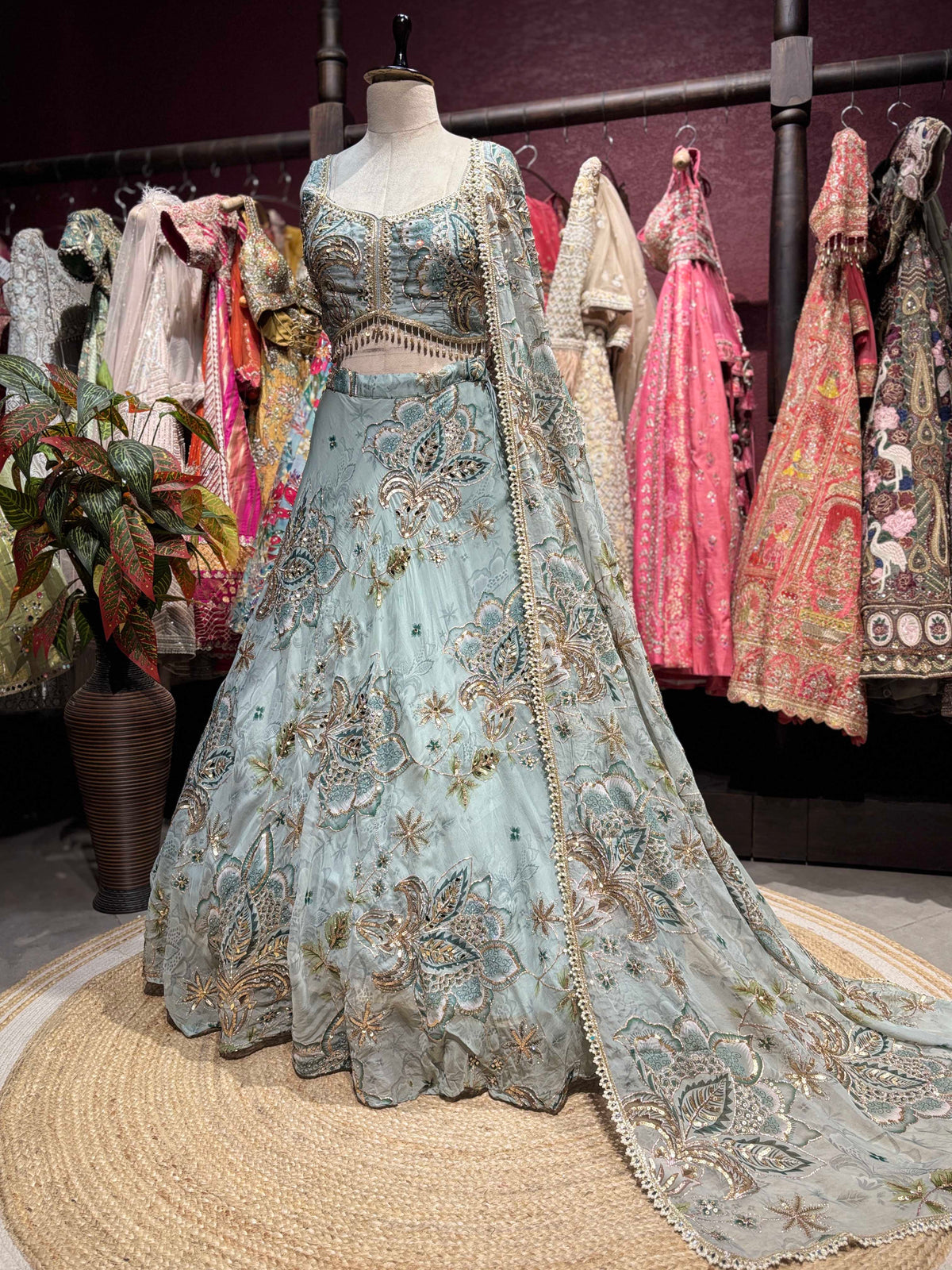 Powder Blue Floral Embroidered Lehenga with Designer Dupatta