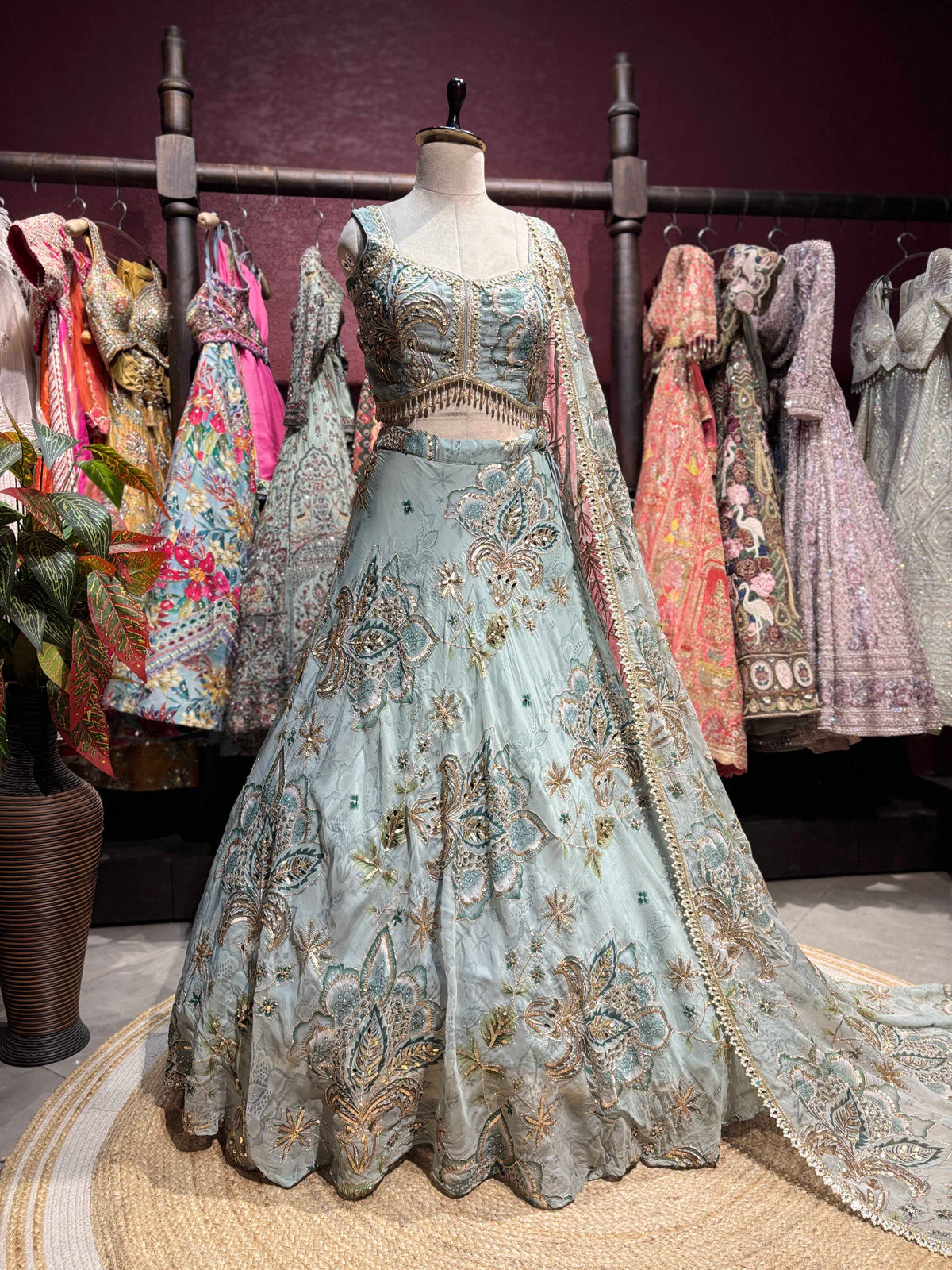 Powder Blue Floral Embroidered Lehenga with Designer Dupatta