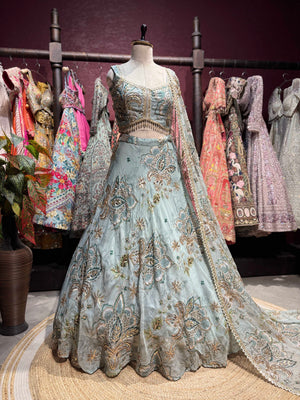 Powder Blue Floral Embroidered Lehenga with Designer Dupatta