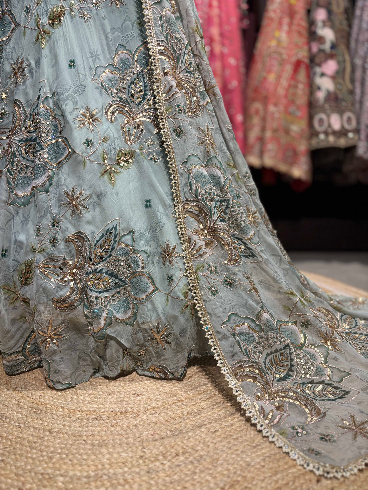 Powder Blue Floral Embroidered Lehenga with Designer Dupatta