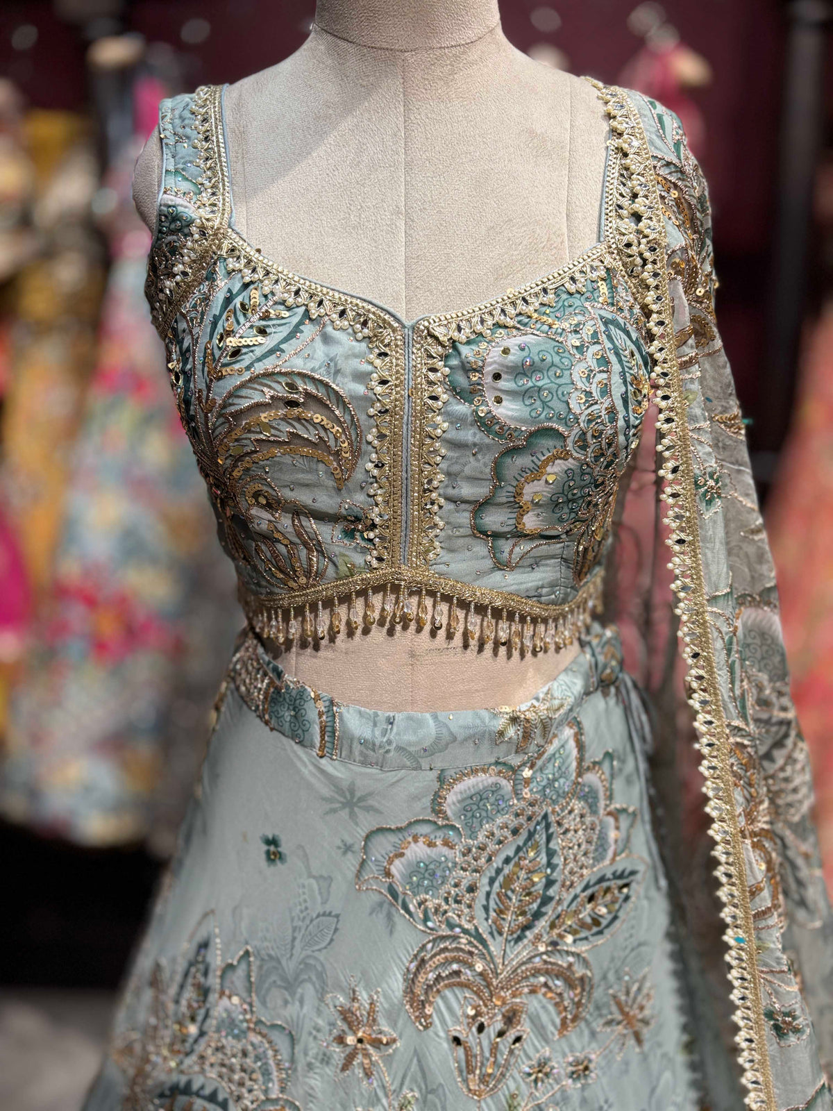 Powder Blue Floral Embroidered Lehenga with Designer Dupatta