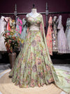 Pastel Green Floral Printed Lehenga with Embellished Blouse & Dupatta