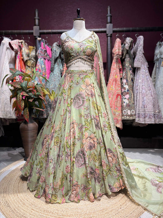 Pastel Green Floral Printed Lehenga with Embellished Blouse & Dupatta