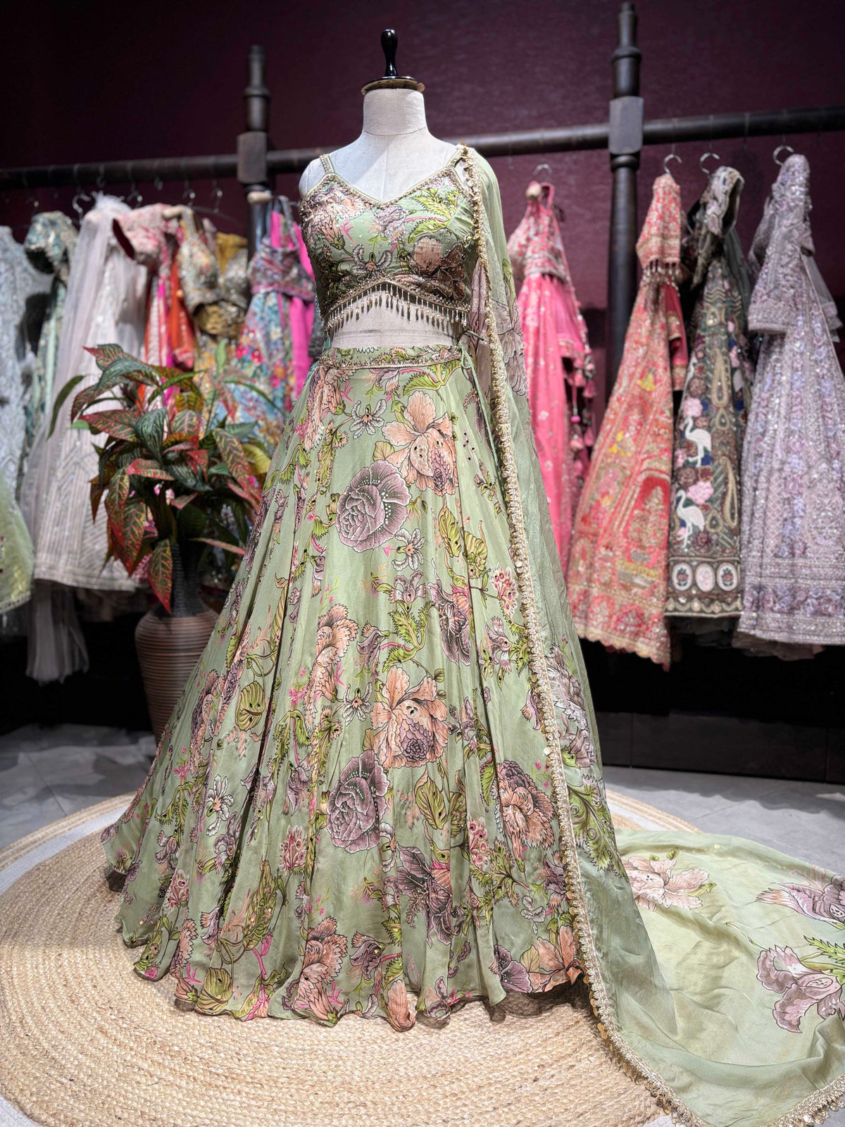 Pastel Green Floral Printed Lehenga with Embellished Blouse & Dupatta
