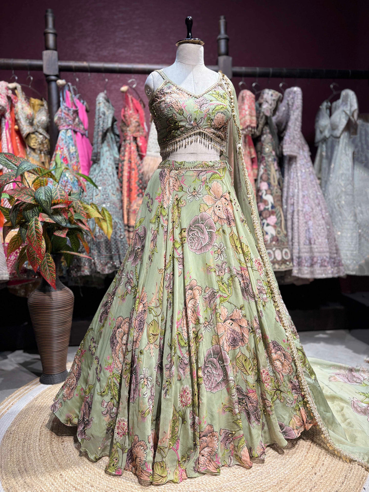 Pastel Green Floral Printed Lehenga with Embellished Blouse & Dupatta