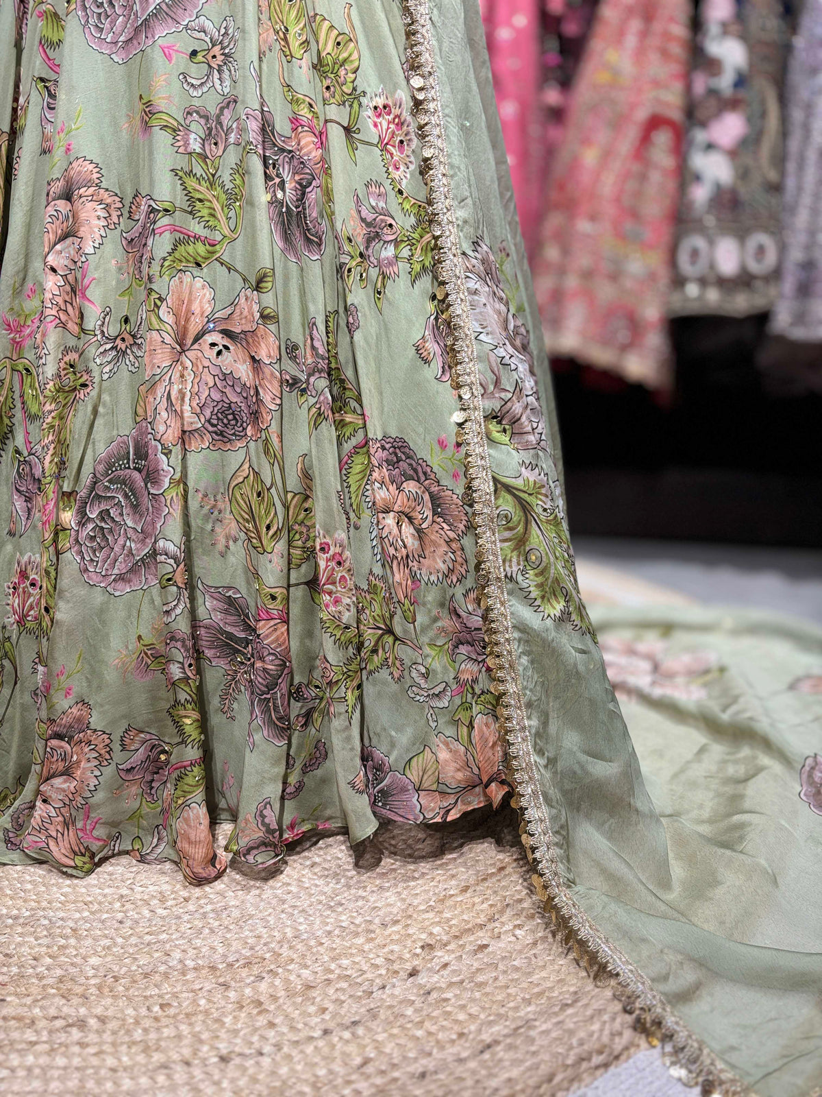 Pastel Green Floral Printed Lehenga with Embellished Blouse & Dupatta