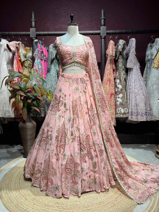 Blush Pink Floral Embroidered Lehenga with Blouse & Dupatta