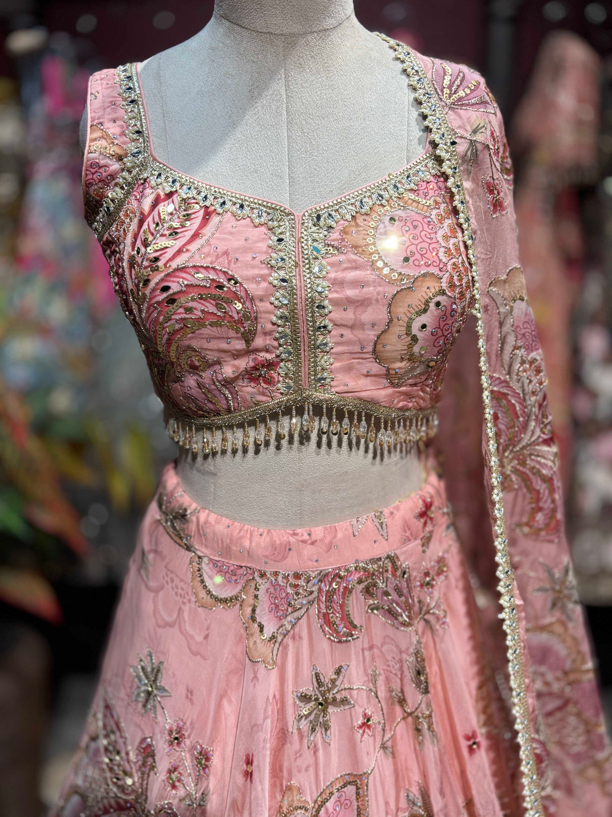 Blush Pink Floral Embroidered Lehenga with Blouse & Dupatta