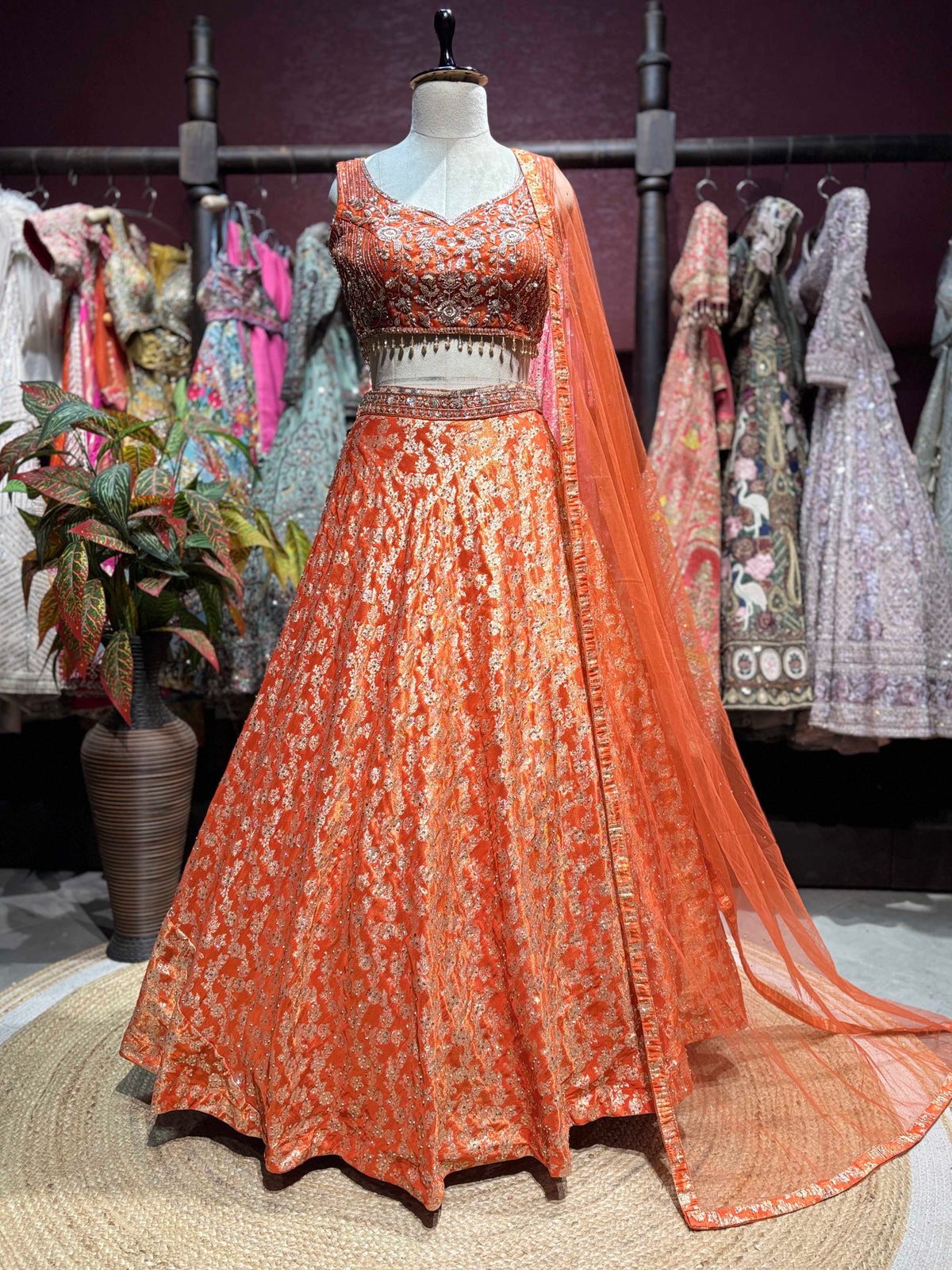 Orange Embroidered Lehenga with Sequin Blouse & Net Dupatta