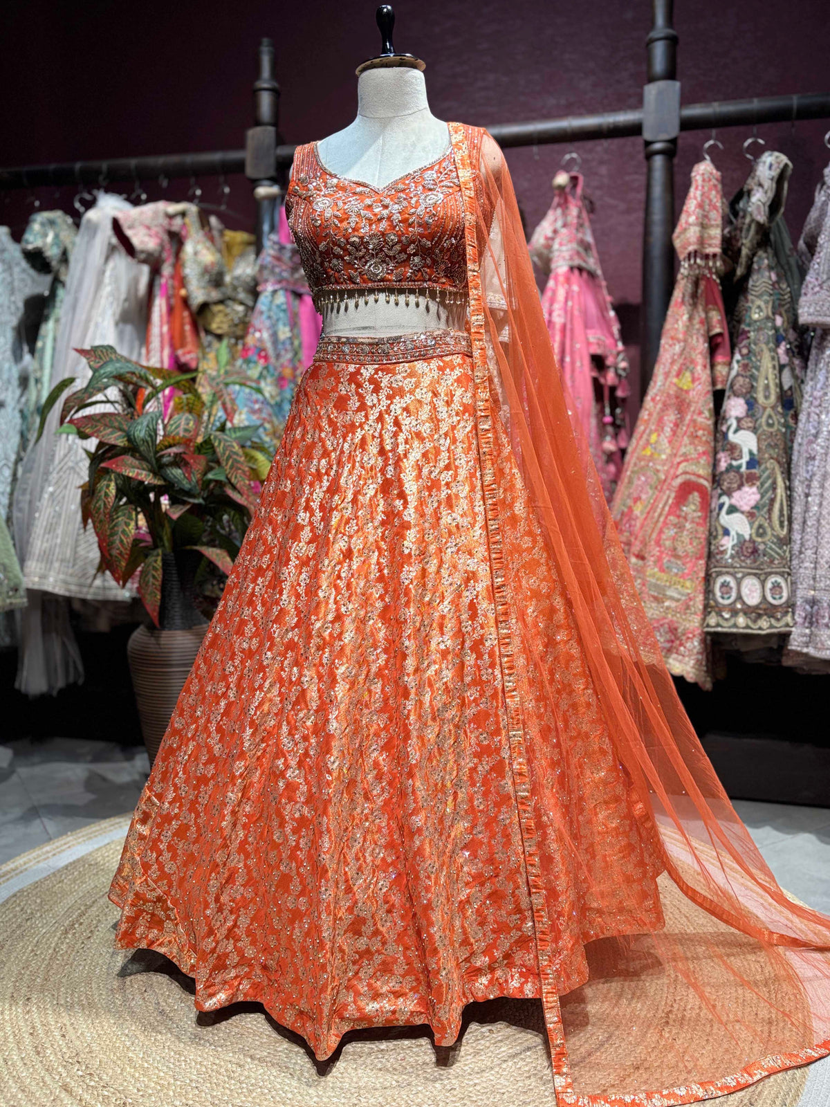 Orange Embroidered Lehenga with Sequin Blouse & Net Dupatta