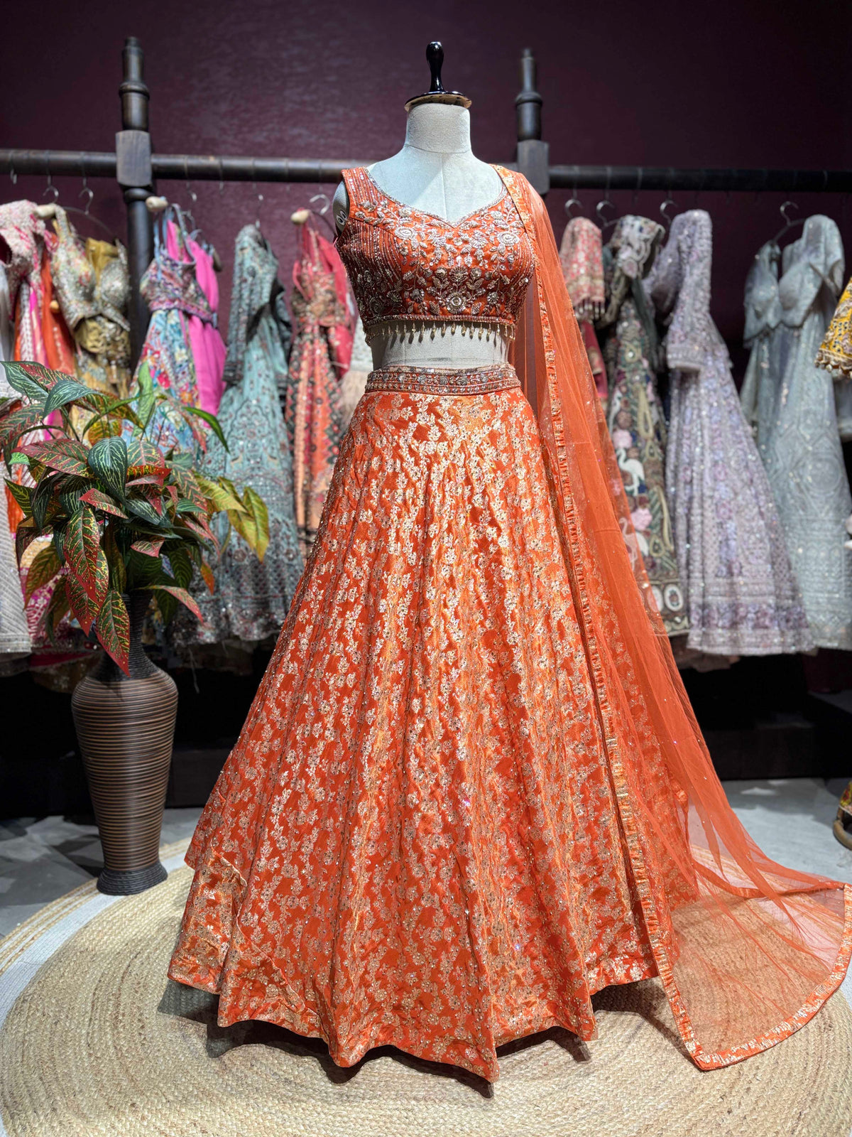 Orange Embroidered Lehenga with Sequin Blouse & Net Dupatta
