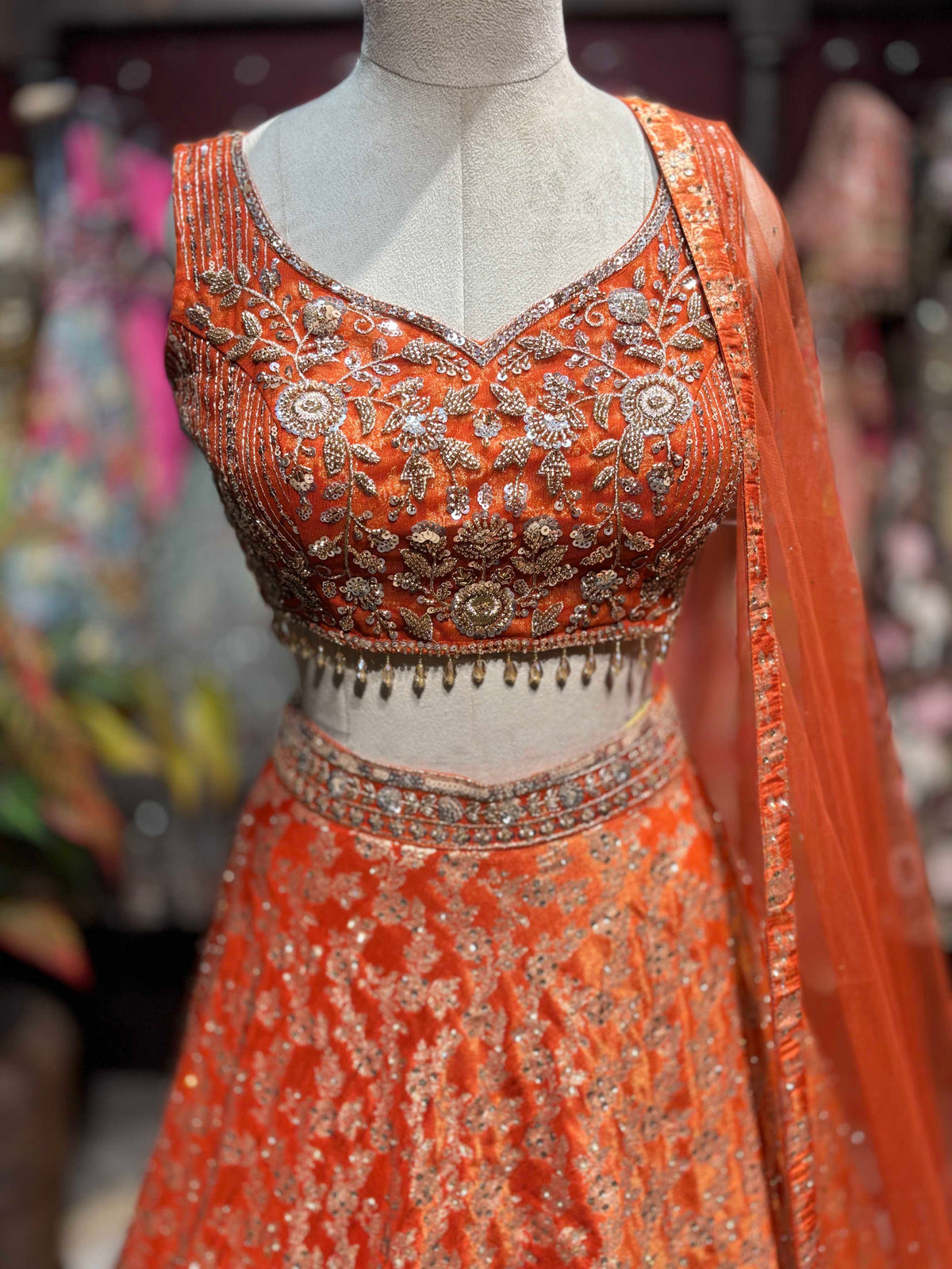 Orange Embroidered Lehenga with Sequin Blouse & Net Dupatta