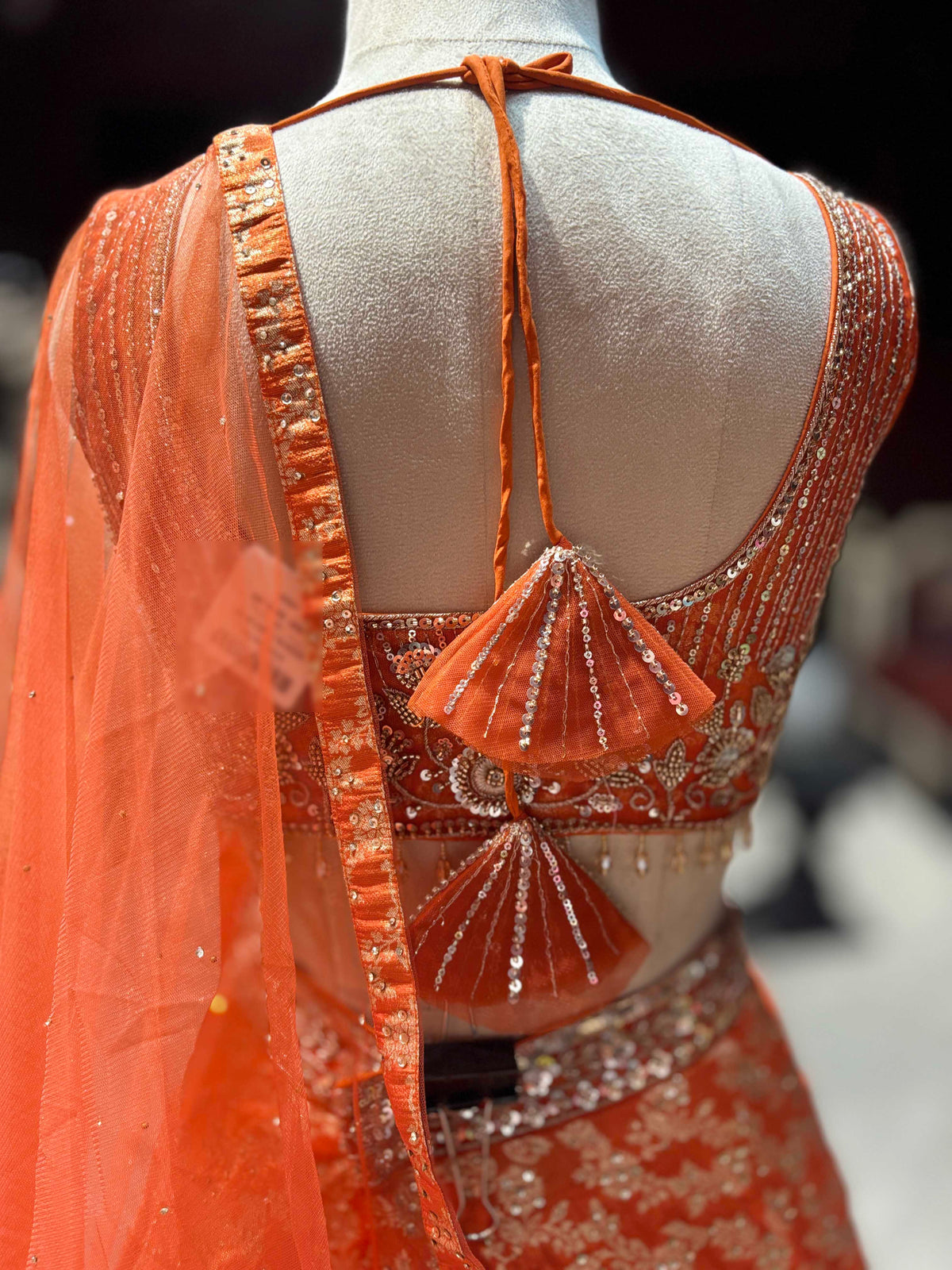 Orange Embroidered Lehenga with Sequin Blouse & Net Dupatta