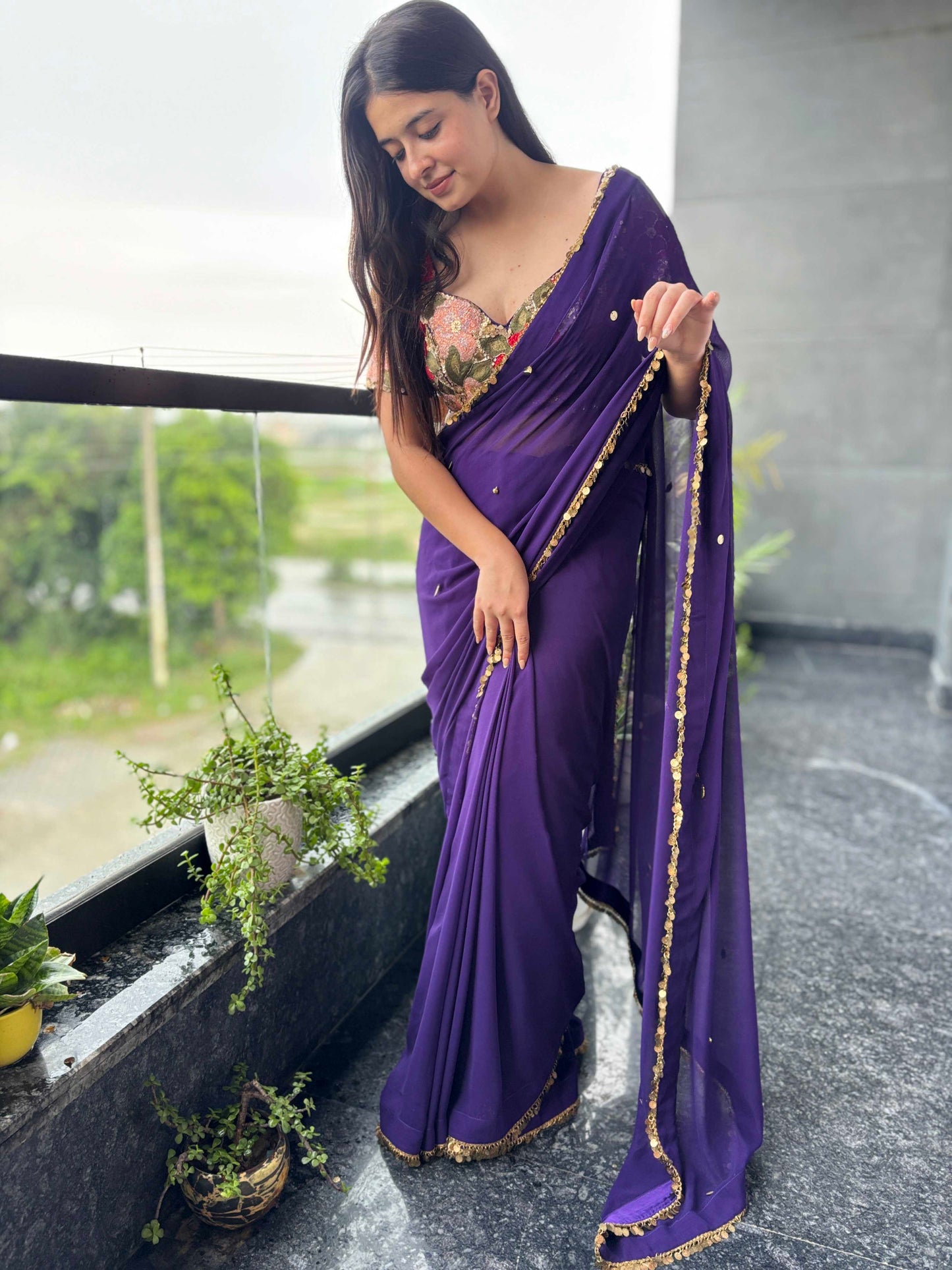 Purple Georgette Saree with Gold Sequin Border & Designer Blouse