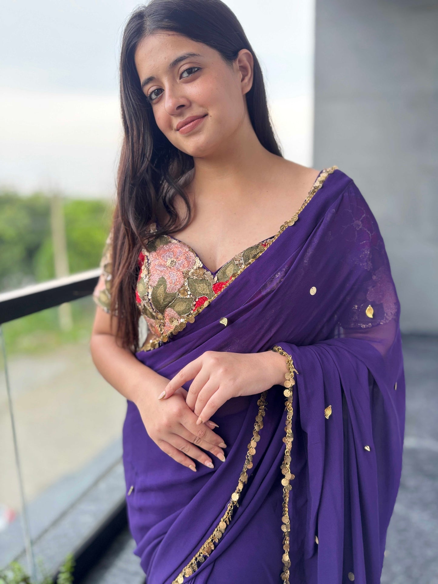 Purple Georgette Saree with Gold Sequin Border & Designer Blouse