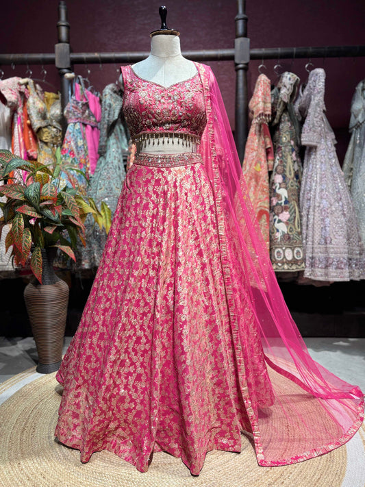 Rani Pink Embroidered Lehenga with Sequin Blouse & Net Dupatta