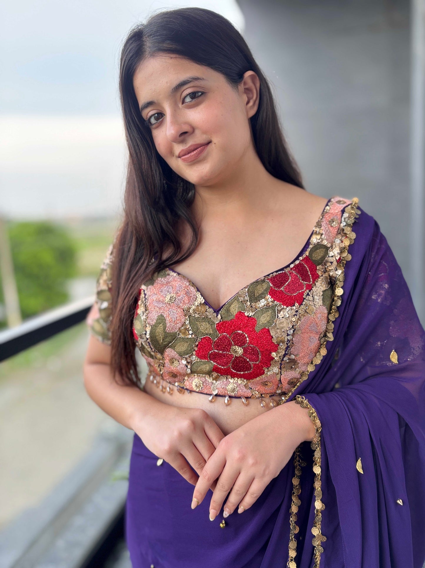 Purple Georgette Saree with Gold Sequin Border & Designer Blouse