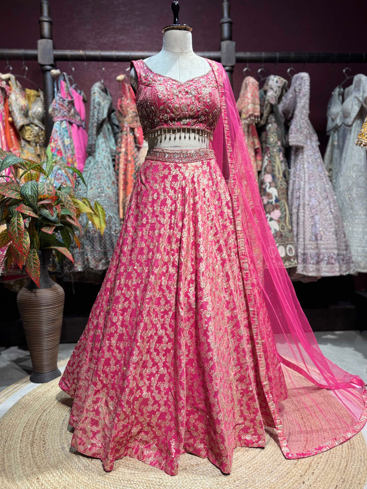 Rani Pink Embroidered Lehenga with Sequin Blouse & Net Dupatta