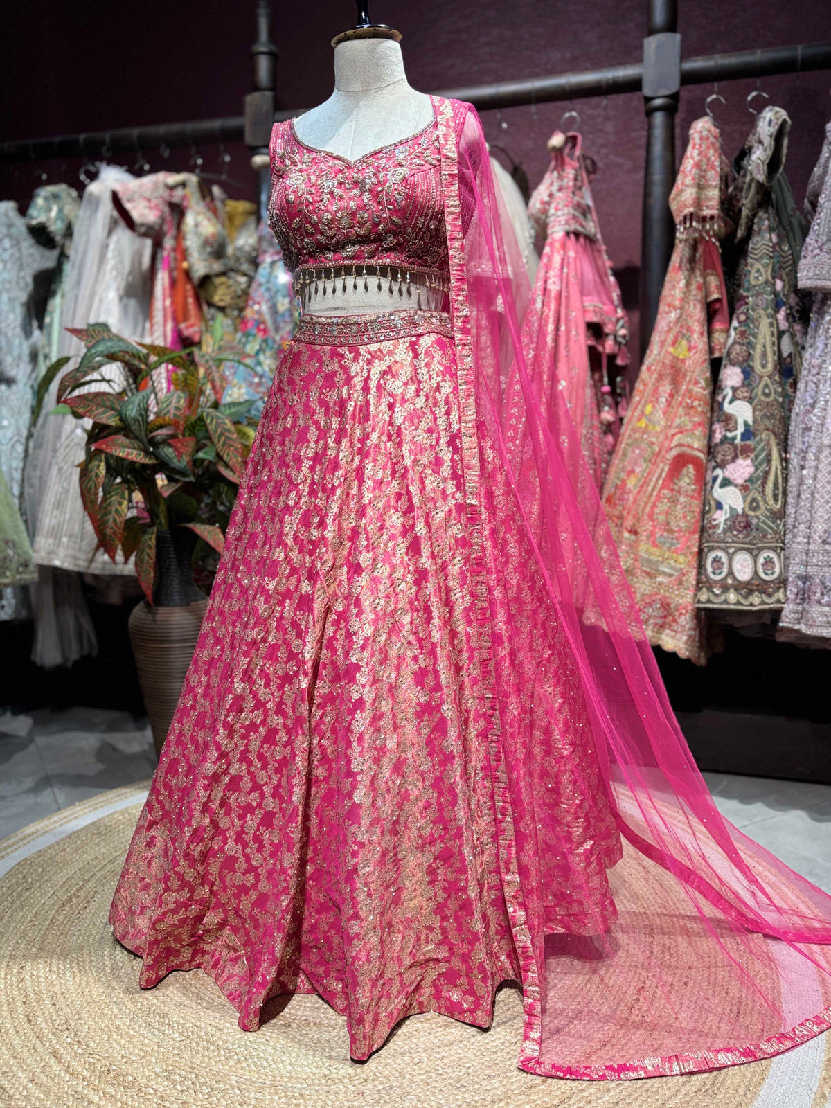 Rani Pink Embroidered Lehenga with Sequin Blouse & Net Dupatta