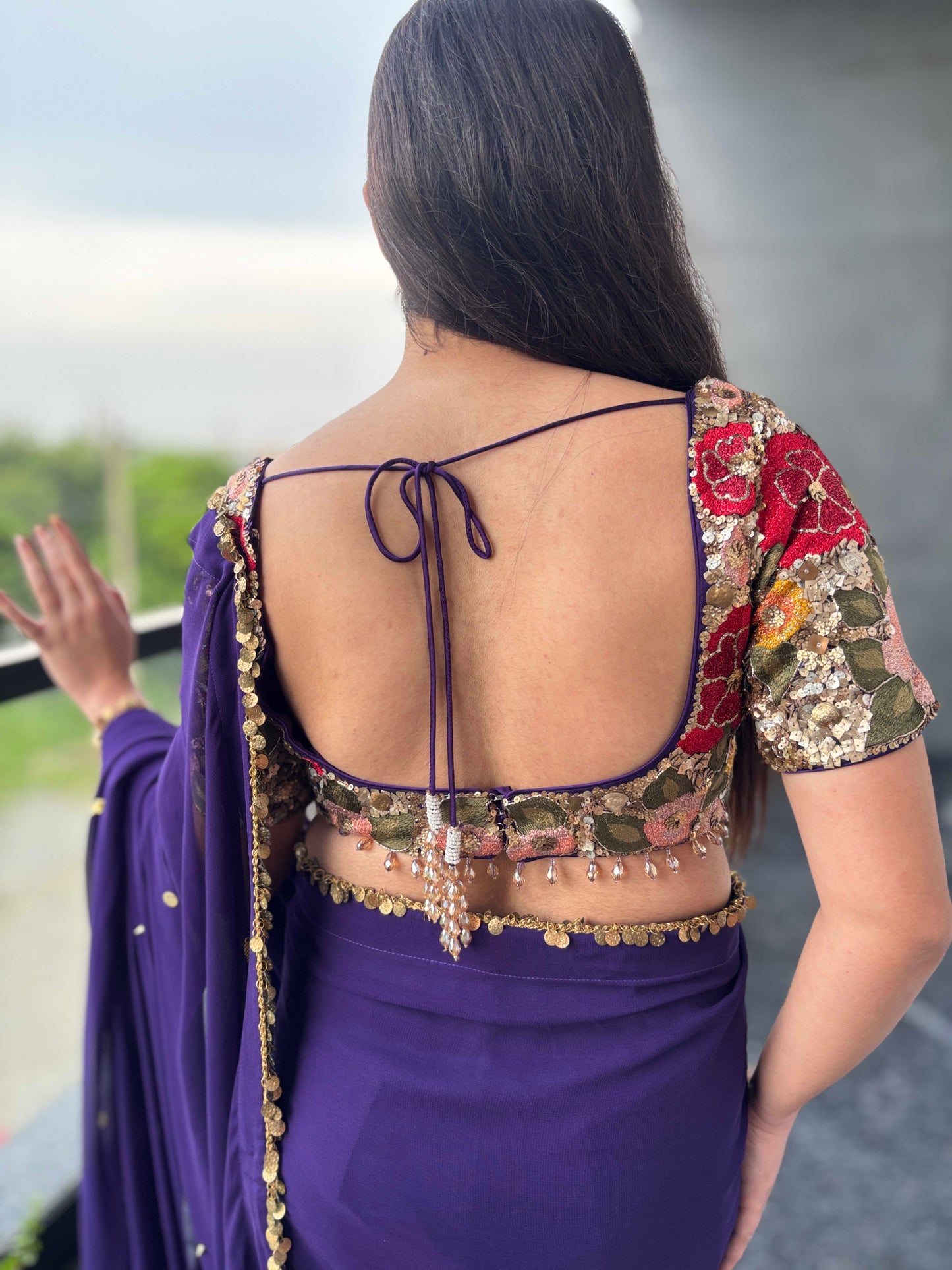 Purple Georgette Saree with Gold Sequin Border & Designer Blouse