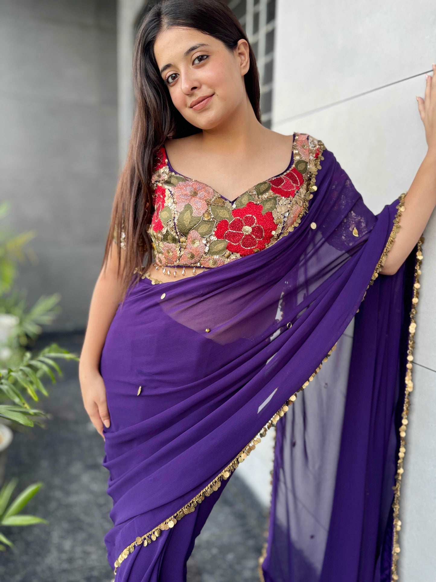 Purple Georgette Saree with Gold Sequin Border & Designer Blouse