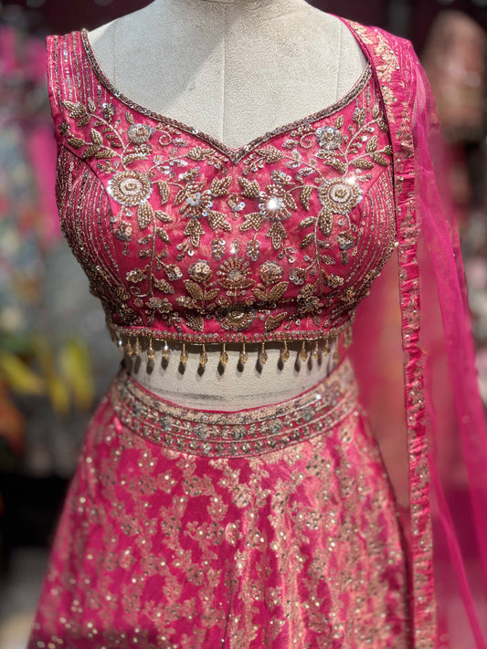 Rani Pink Embroidered Lehenga with Sequin Blouse & Net Dupatta