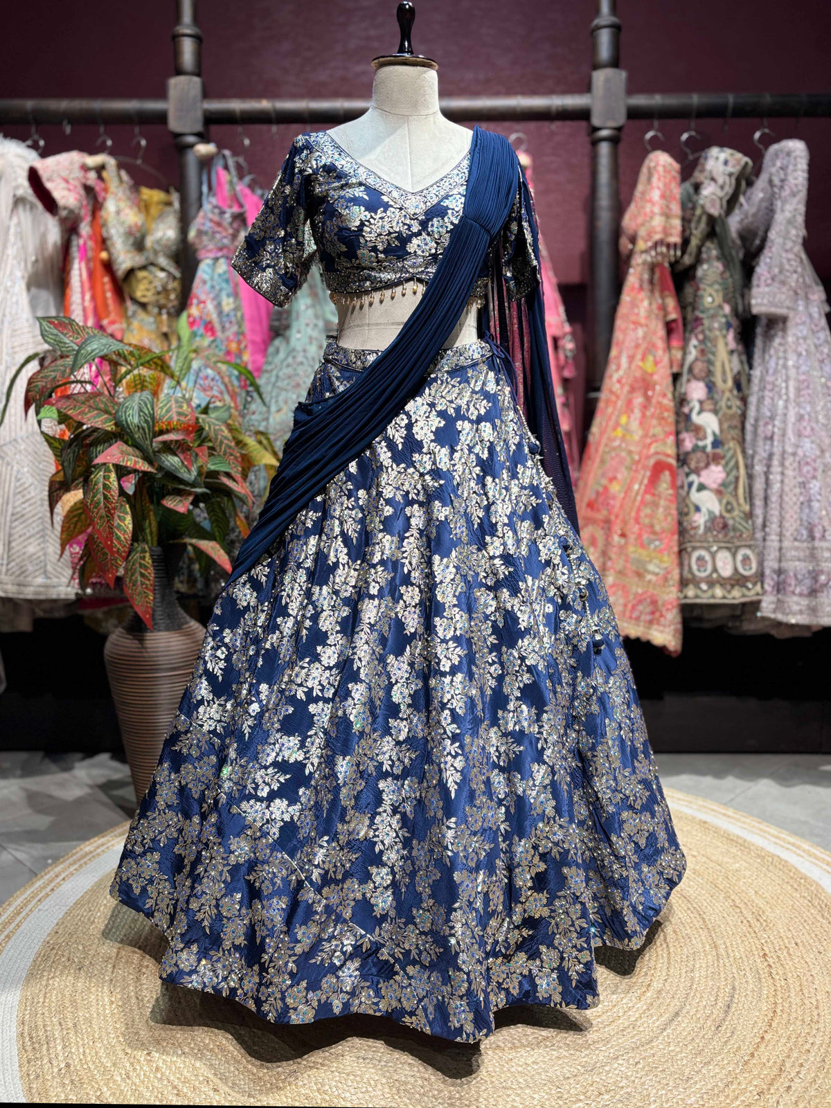 Navy Blue Floral Embroidered Lehenga with Draped Dupatta