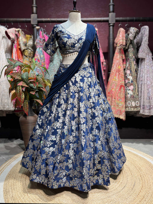 Navy Blue Floral Embroidered Lehenga with Draped Dupatta