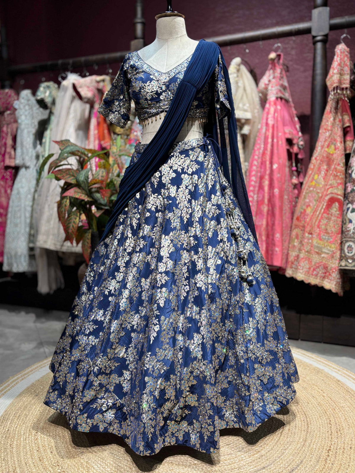 Navy Blue Floral Embroidered Lehenga with Draped Dupatta