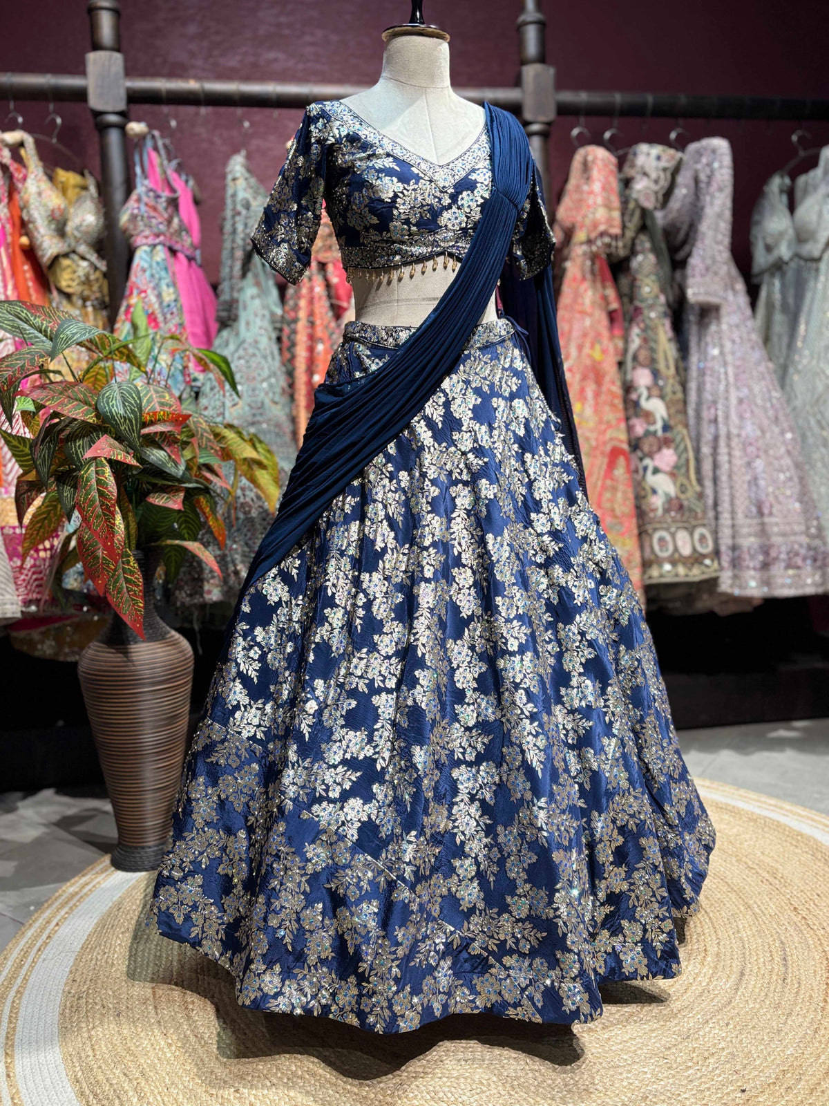 Navy Blue Floral Embroidered Lehenga with Draped Dupatta