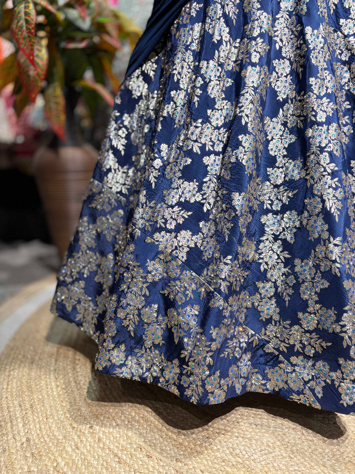 Navy Blue Floral Embroidered Lehenga with Draped Dupatta