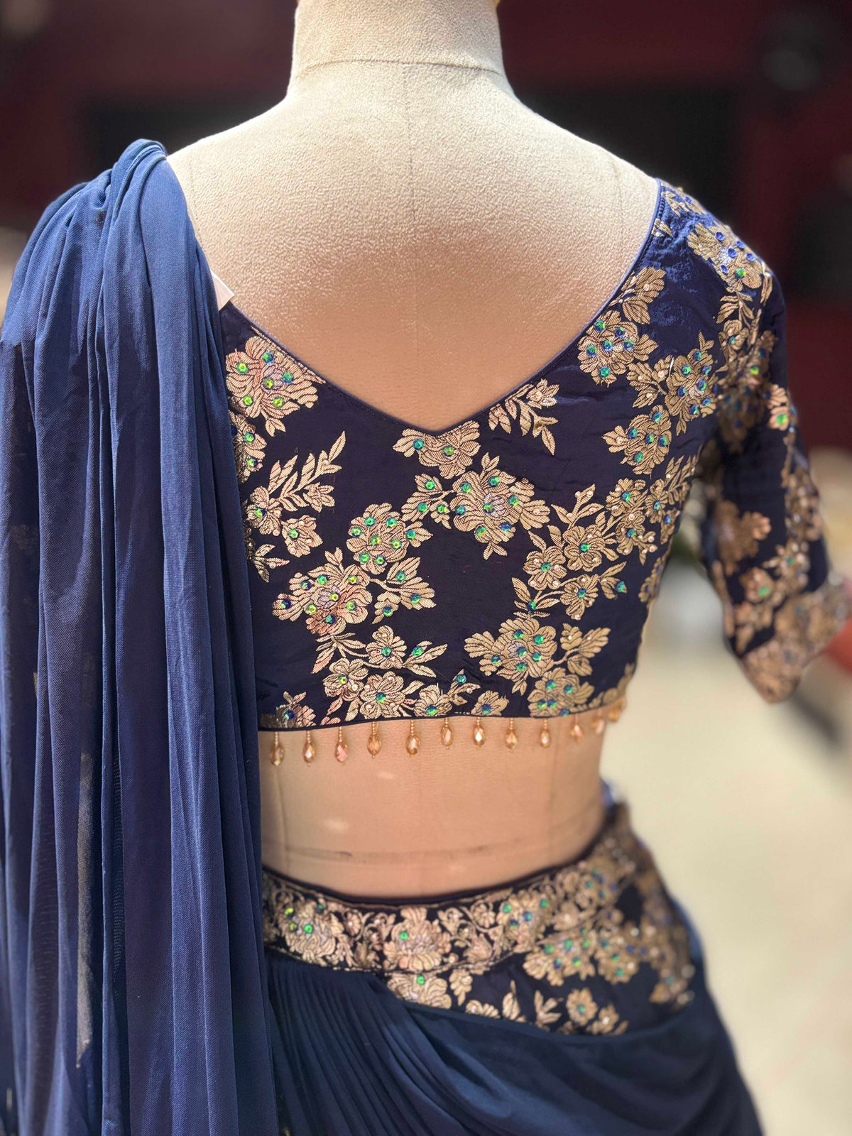 Navy Blue Floral Embroidered Lehenga with Draped Dupatta