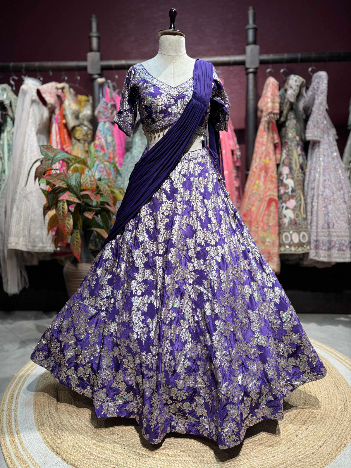 Royal Purple Floral Embroidered Lehenga with Draped Dupatta
