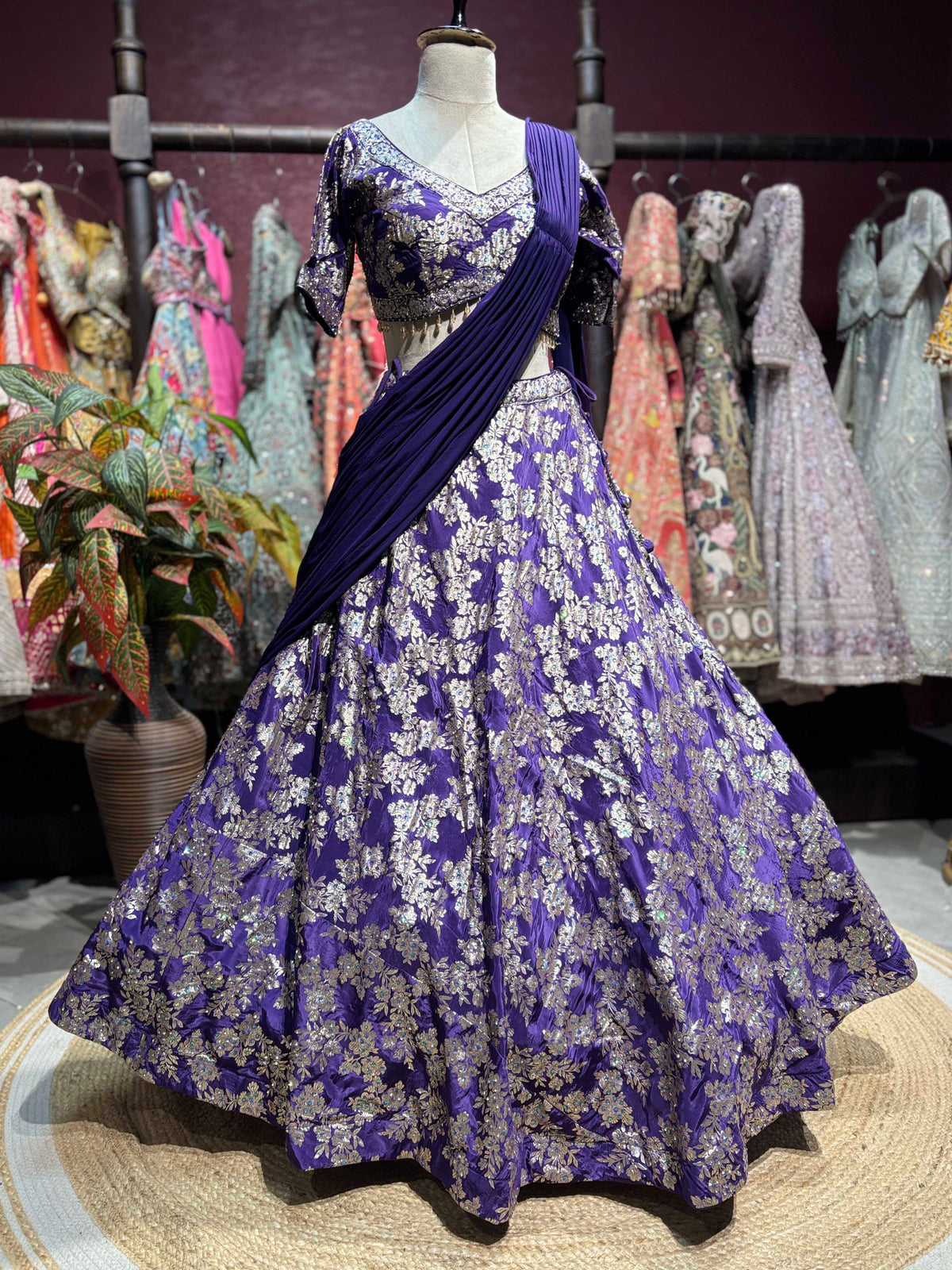 Royal Purple Floral Embroidered Lehenga with Draped Dupatta