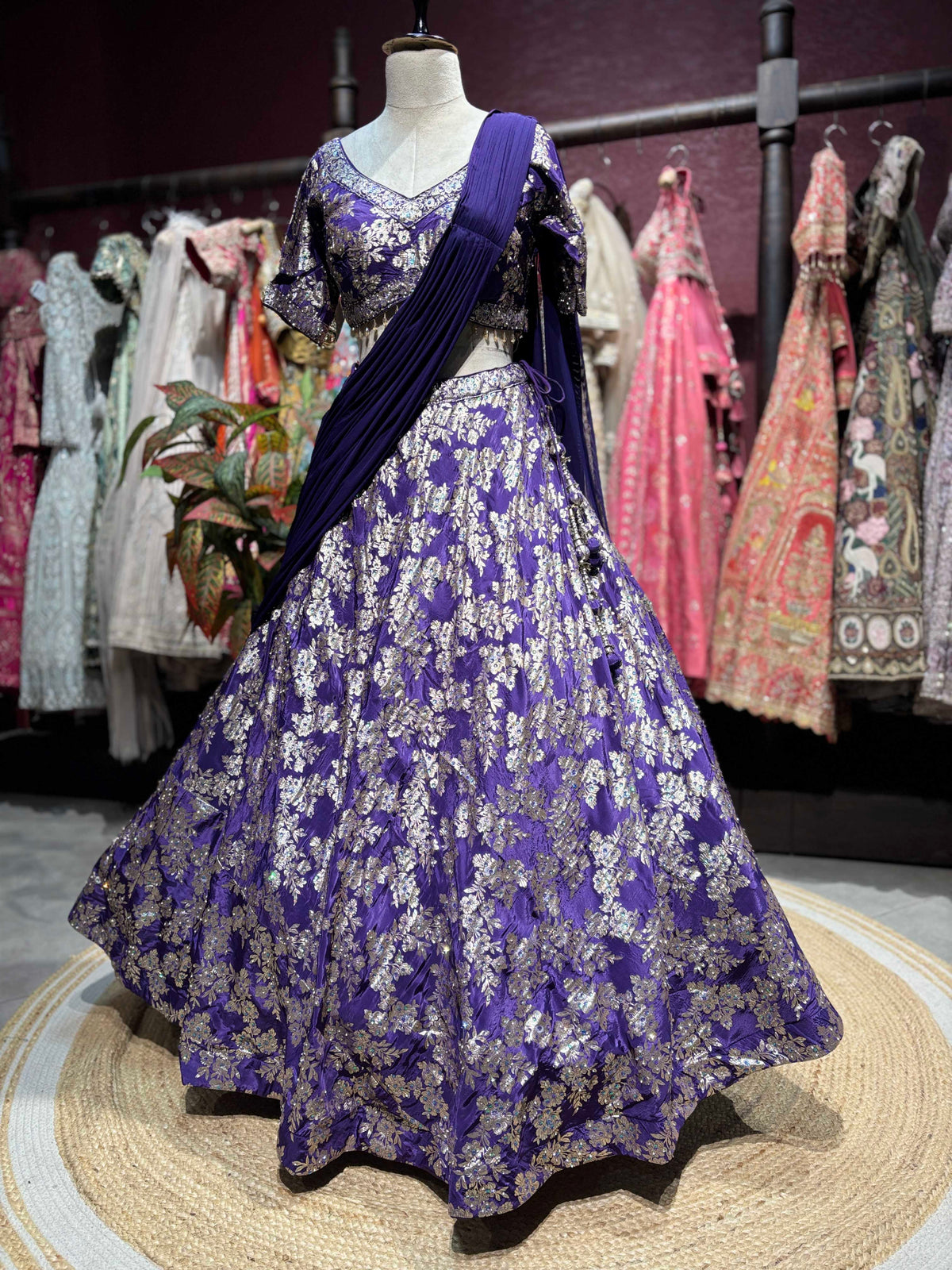 Royal Purple Floral Embroidered Lehenga with Draped Dupatta