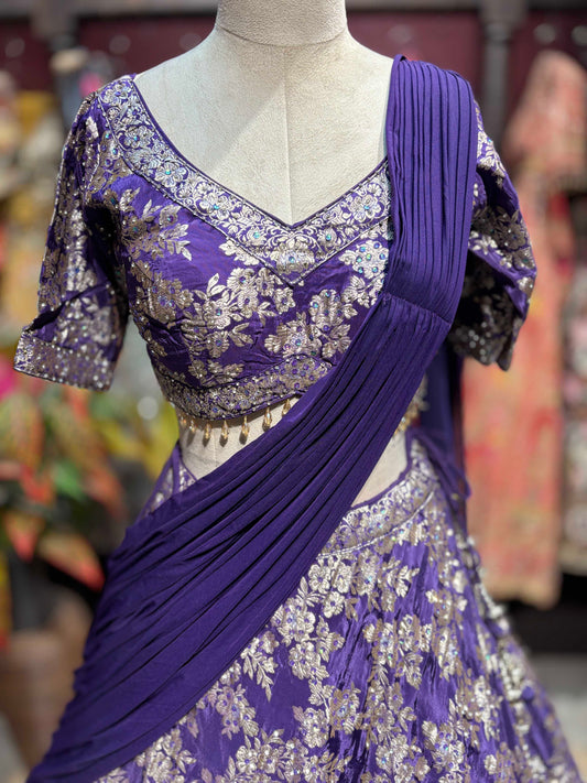 Royal Purple Floral Embroidered Lehenga with Draped Dupatta