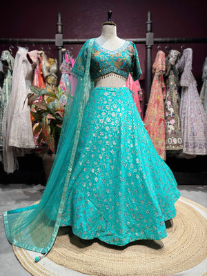 Turquoise Embroidered Lehenga with Designer Blouse & Net Dupatta