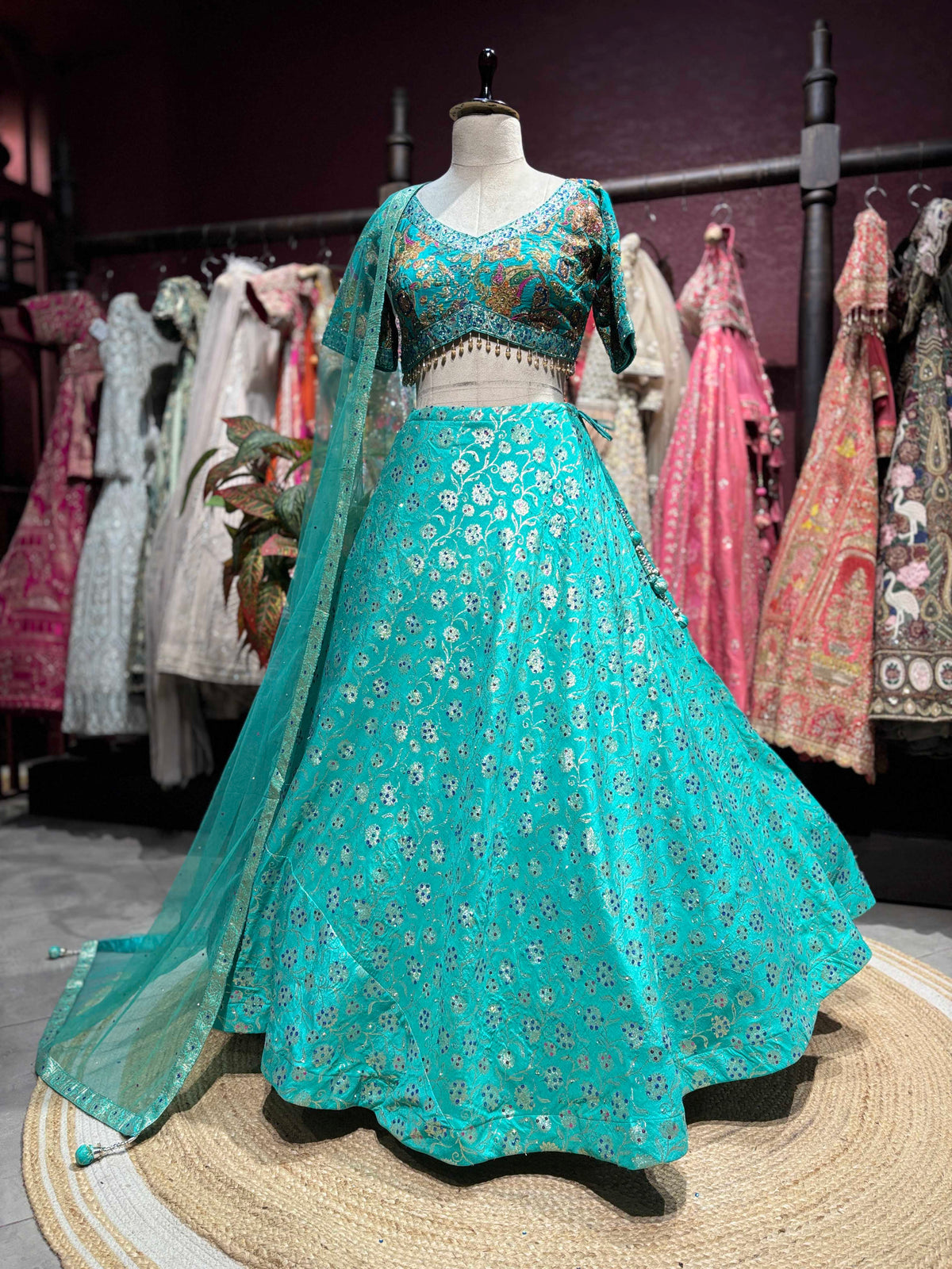 Turquoise Embroidered Lehenga with Designer Blouse & Net Dupatta